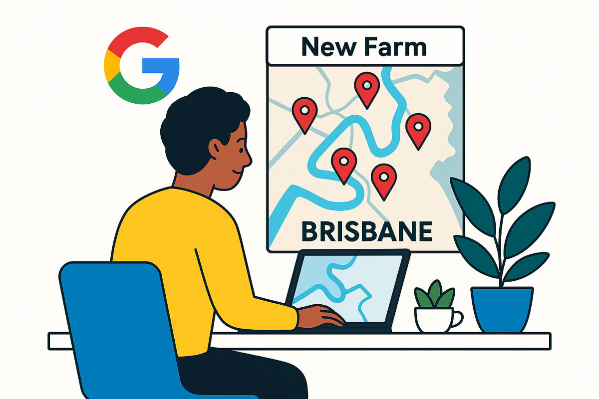 Illustration of a business owner at a laptop showing Google Maps pins around Brisbane, highlighting local SEO benefits of a virtual office in New Farm.