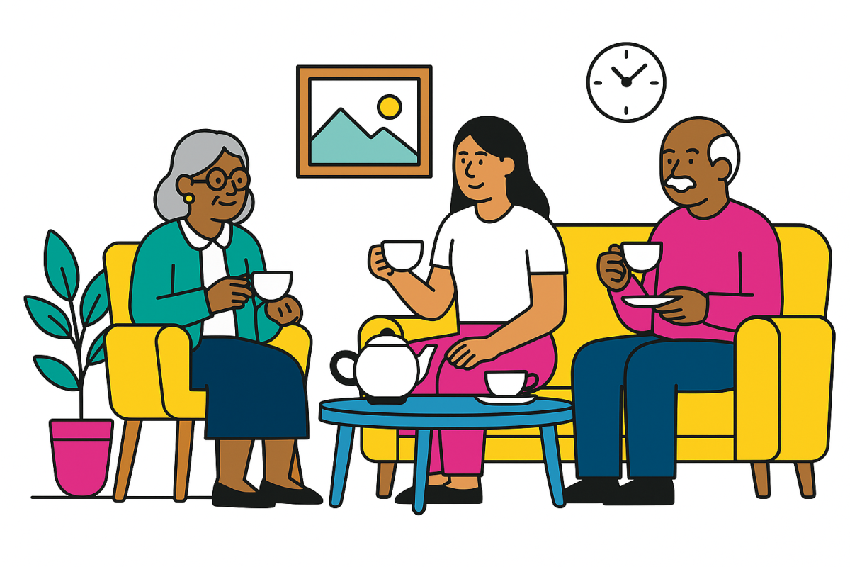 Colourful flat-style illustration of a person visiting elderly parents at home, drinking tea together in a warm family setting