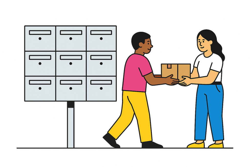 Flat-style comparison image showing red PO boxes on one side and a person handing mail to staff at a reception desk on the other