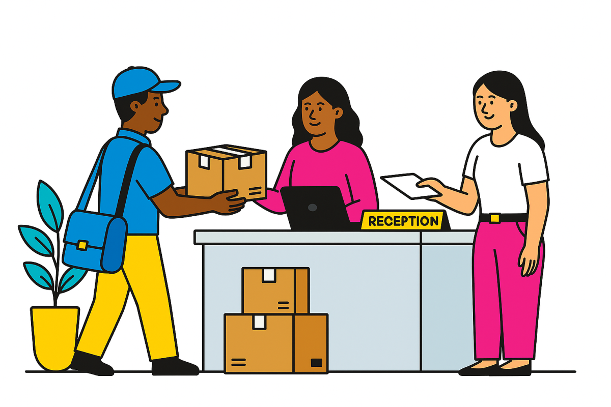 Flat-style illustration of a courier handing a parcel to staff at a business reception counter