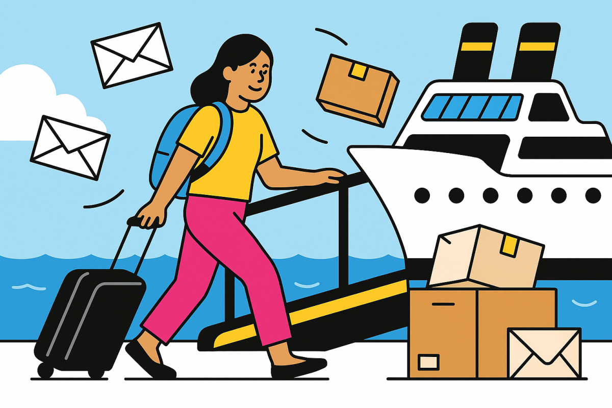 Flat-style illustration of a person getting onto a cruise ship while letters and parcels circle around them, representing travel mail issues