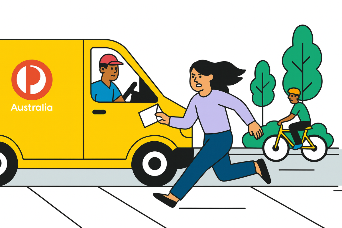 Flat-style illustration of a person running after a courier truck on a street, representing a missed parcel delivery
