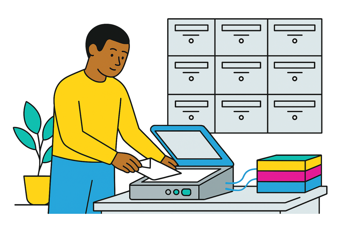 Flat-style illustration of a person scanning letters and documents at a desk, symbolising a mail scanning service in Brisbane