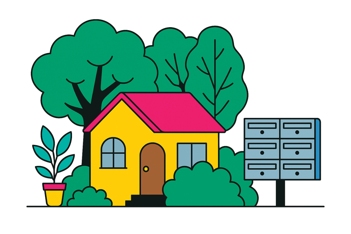 Flat-style illustration of a private home hidden by trees beside a wall of red PO boxes, highlighting privacy concerns
