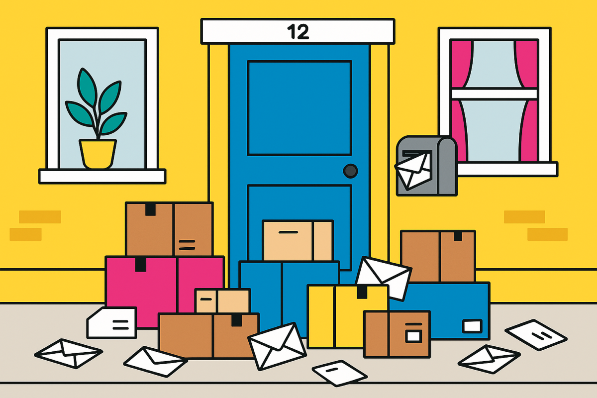 Flat-style illustration of parcels and envelopes piling up at the front of an apartment building, showing missed deliveries