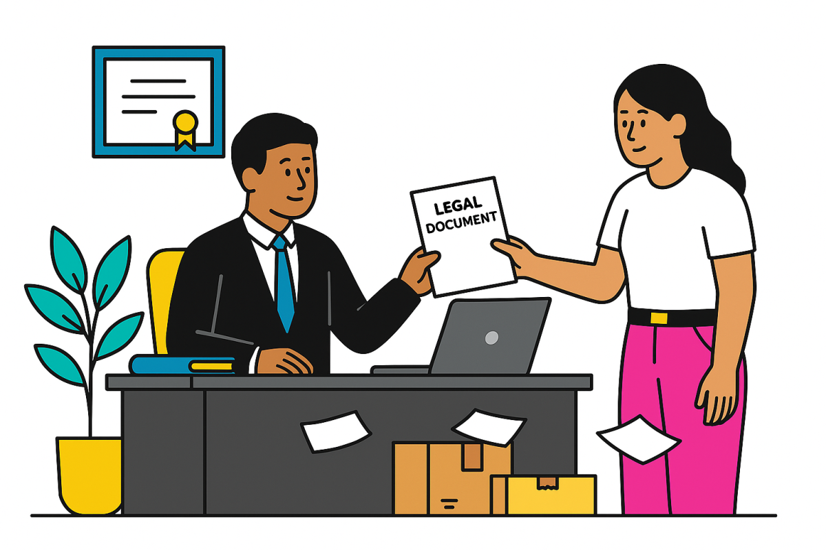Flat-style illustration of someone handing legal or court documents to a suited professional across an office desk