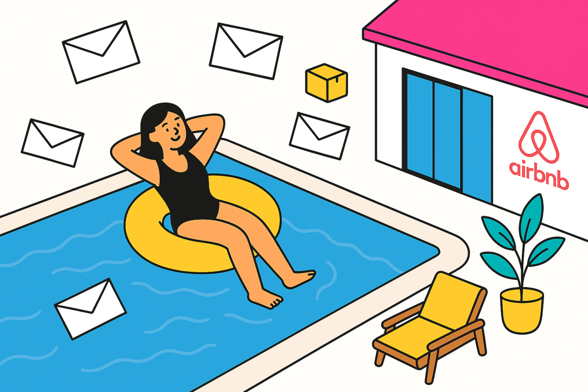 Flat-style illustration of someone relaxing at an Airbnb pool while letters and parcels fly around, representing temporary accommodation mail issues